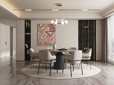 Modern Restaurant Interior With Round Dining Table Beige Chairs Hanging Lights And Colorful Abstract Painting 3d model