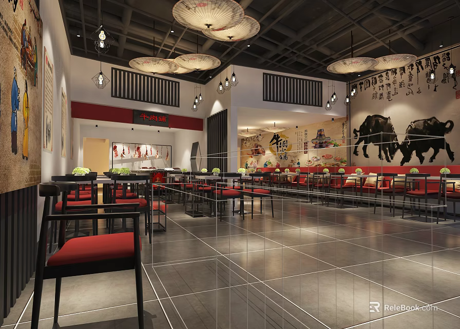 Traditional Restaurant Interior With Red Chairs Black Frames Ceiling Lanterns Wall Buffalo Paintings Tile Flooring 3d model 