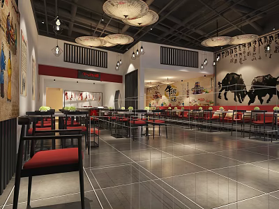 Traditional Restaurant Interior With Red Chairs Black Frames Ceiling Lanterns Wall Buffalo Paintings Tile Flooring 3d model