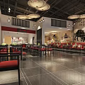 Traditional Restaurant Interior With Red Chairs Black Frames Ceiling Lanterns Wall Buffalo Paintings Tile Flooring