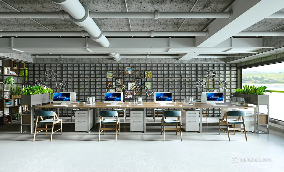 Modern Open Concept Public Office Space With Workstations Computers Green Plants And Industrial Ceiling 3d model 