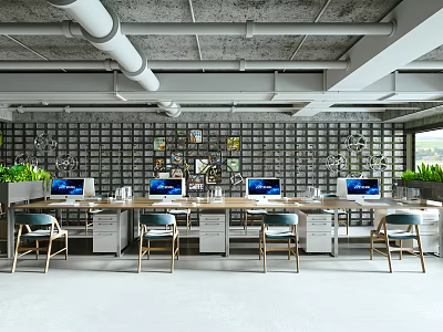 Modern Open Concept Public Office Space With Workstations Computers Green Plants And Industrial Ceiling 3d model