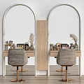 Cosmetic Medical Devices On Wooden Table With Arched Mirrors Gray Chairs And Golden Bases