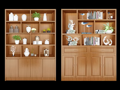 Wooden Wine Cabinet With Multiple Shelves Decorations Green Plants Books And Wine Glasses 3d model