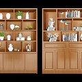 Wooden Wine Cabinet With Multiple Shelves Decorations Green Plants Books And Wine Glasses