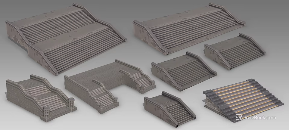 Concrete Road Infrastructure Components Including Steps Ramps And Various Designs 3d model