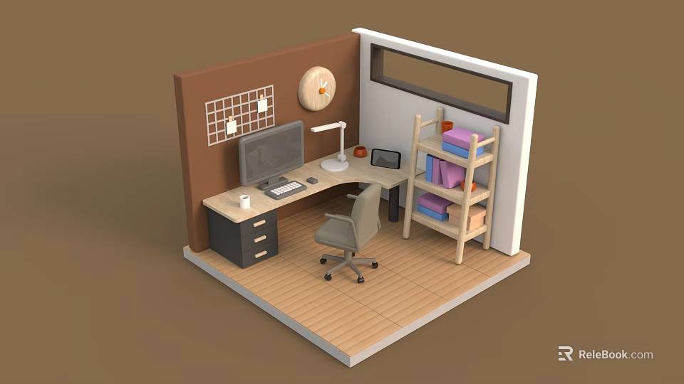 Cartoon Home Office Scene With Brown Wall Clock Computer Desk Lamp And Bookshelf 3d model 