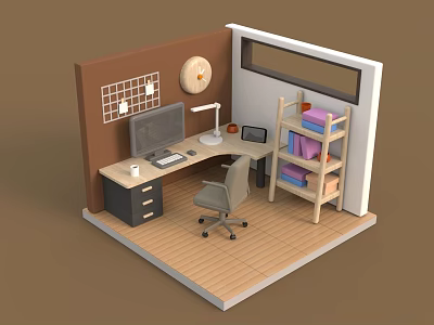 Cartoon Home Office Scene With Brown Wall Clock Computer Desk Lamp And Bookshelf 3d model