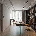 Modern Office Interior With Wooden Bookshelves Glass Desk Leather Chair And Herringbone Floor