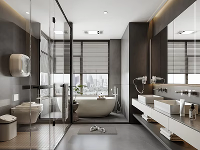 Modern Bathroom Interior With Glass Shower Bathtub Double Sinks Large Mirrors And City View 3d model