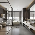 Modern Bathroom Interior With Glass Shower Bathtub Double Sinks Large Mirrors And City View