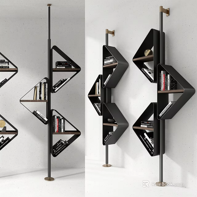 Modern Triangular Bookshelf With Black Frame And Multiple Wooden Layers 3d model 