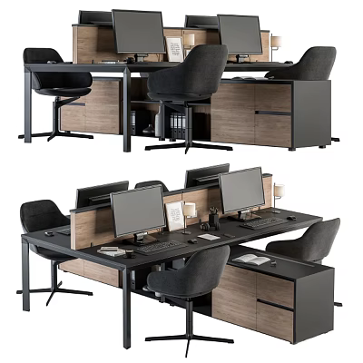 Modern Office Workstation Desk With Computer Monitors Office Chairs And Storage Cabinets 3d model