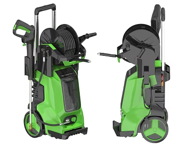 Green And Black Portable Kitchen Pressure Washer With Hose And Wheel Design 3d model