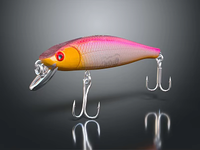 Shiny Pink And Yellow Fishing Lure With Metal Hooks And Clear Reflections 3d model