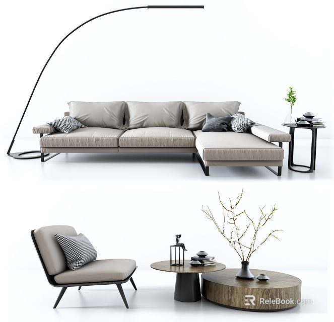 Modern Grey Multi-seat Sofa With Linen Upholstery Side Table And Decorative Plants 3d model 