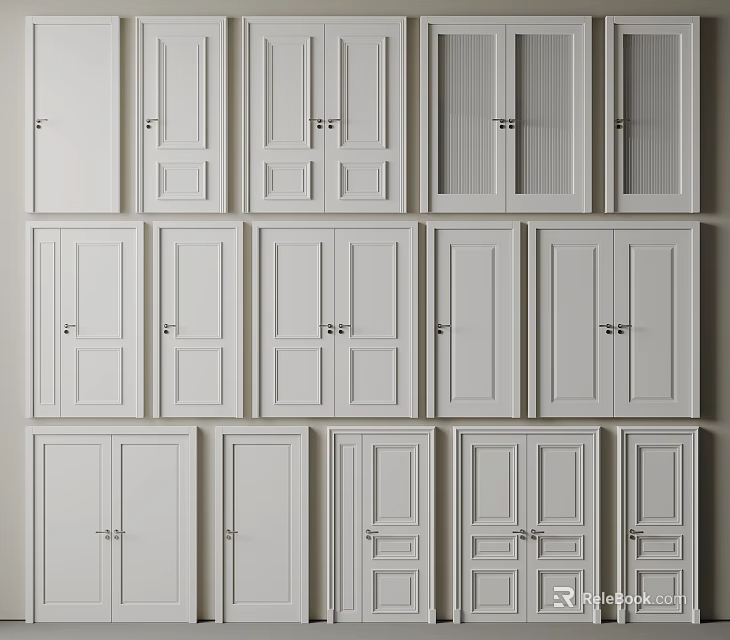 Multiple White Hinged Doors With Various Panel Styles For Home Interior Design 3d model