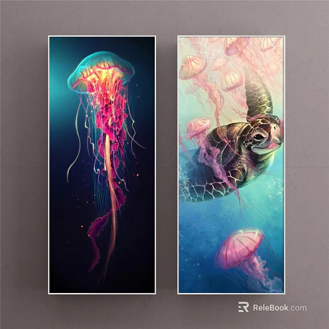 Vibrant Animal Paintings With Jellyfish And Sea Turtle In Ocean Scene Art 3d model 
