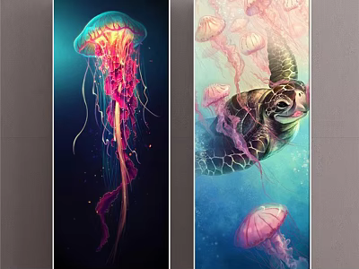 Vibrant Animal Paintings With Jellyfish And Sea Turtle In Ocean Scene Art 3d model