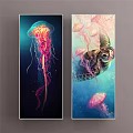 Vibrant Animal Paintings With Jellyfish And Sea Turtle In Ocean Scene Art