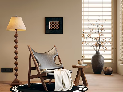Leisure Chair With Black Leather Upholstery Wooden Frame White Throw Side Table And Floor Lamp 3d model