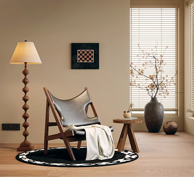 Leisure Chair With Black Leather Upholstery Wooden Frame White Throw Side Table And Floor Lamp 3d model