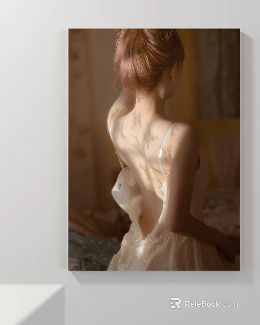 Portrait Painting Of Woman Back View In White Sling Dress With Lace And Soft Light 3d model 