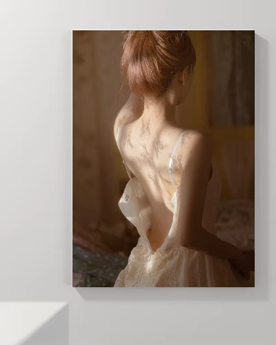 Portrait Painting Of Woman Back View In White Sling Dress With Lace And Soft Light 3d model