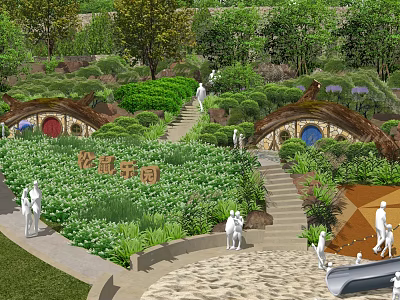 Scenic Park Landscape with Tea Garden Arched Bridges Stone Steps Lush Greenery and People Walking 3d model