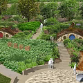 Scenic Park Landscape with Tea Garden Arched Bridges Stone Steps Lush Greenery and People Walking