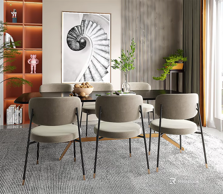 Modern Dining Table Set With Gray Chairs Abstract Artwork And Green Plants 3d model