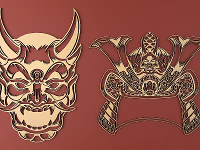 Exquisite Carved Golden Demon Mask And Samurai Helmet Artwork On Red Background 3d model