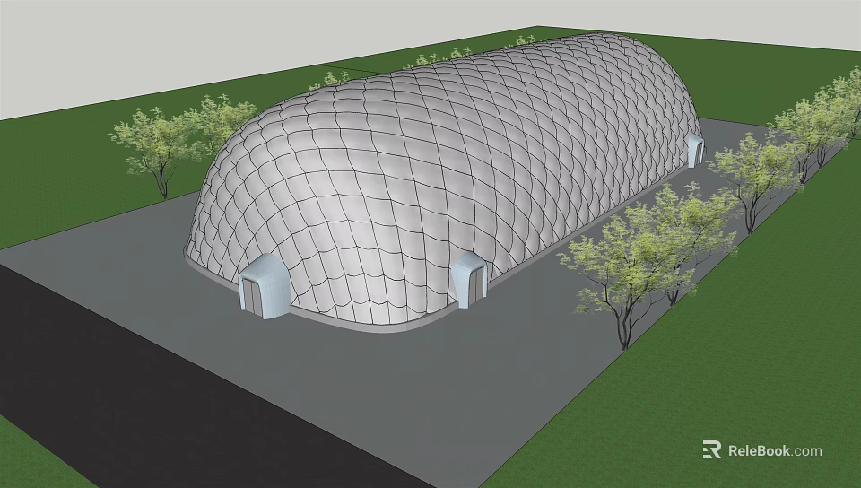 Modern Dome Structure With Grid Like Surface Surrounded By Trees And Grass 3d model