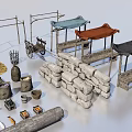 Various Public Facilities Including Market Stalls Wooden Seats Storage Racks And Baskets