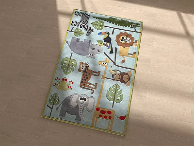 Square Kids Rug with Animal Patterns Zebra Lion Giraffe Elephant Leaves Trees for Children's Bedroom 3d model