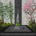 Garden Ornament With Square Pond Green Plants Stones Bamboo Pink Flowering Tree And Stone Wall