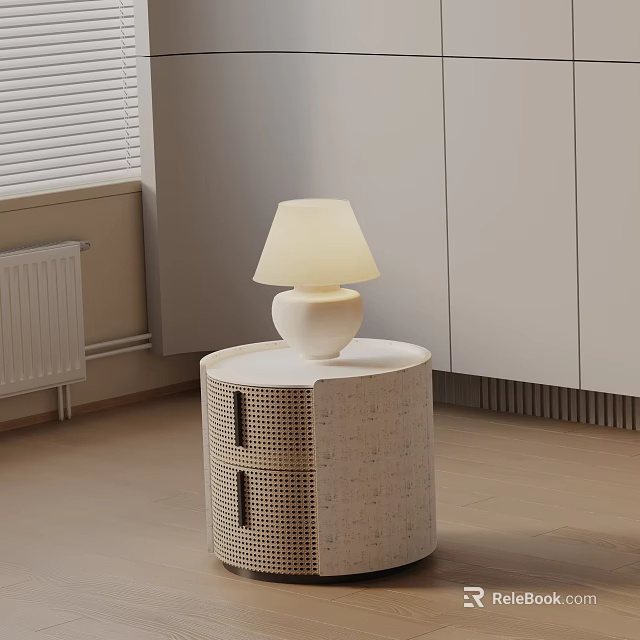 Modern Round Bedside Table With Woven Texture And White Table Lamp 3d model