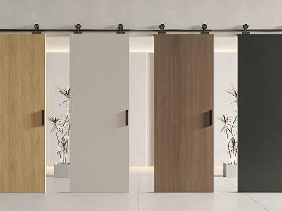 Modern Sliding Doors In Various Wood Tones And Colors For Interior Design With Decorative Plants 3d model