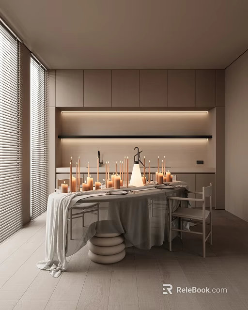 Modern Warm Minimalist Restaurant With Elegant Candle Decor And Soft Ambient Lighting For Cozy Dining Moments 3d model 
