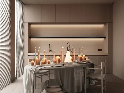 Modern Warm Minimalist Restaurant With Elegant Candle Decor And Soft Ambient Lighting For Cozy Dining Moments 3d model