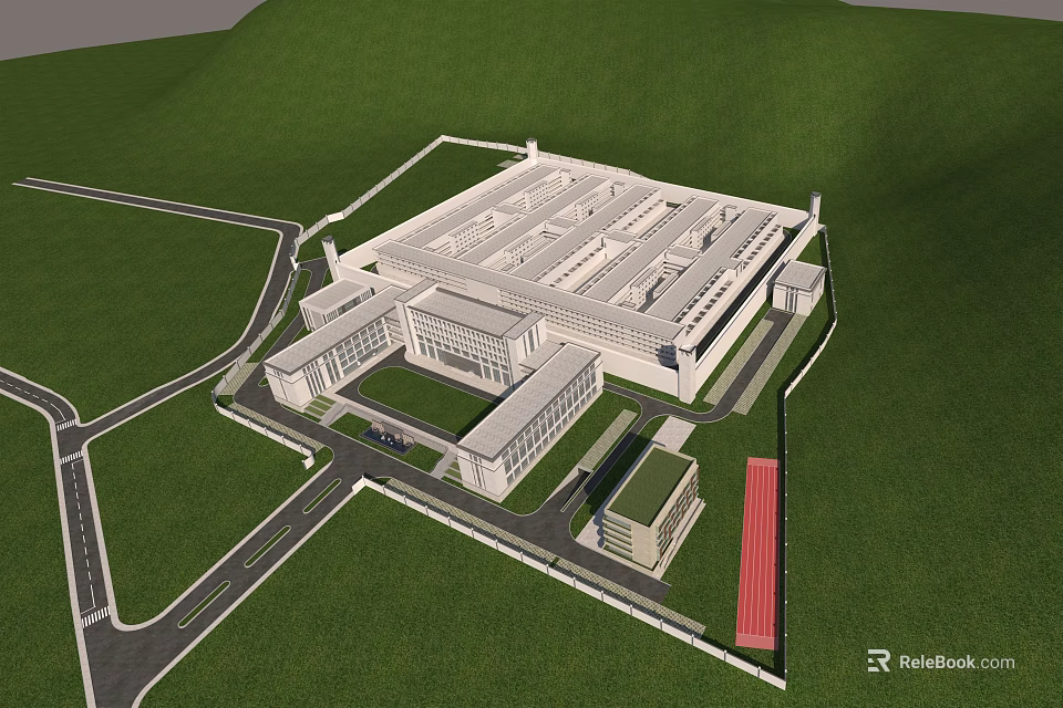 Modern Office Building Complex With Green Landscaped Surroundings And Connected Structures 3d model 