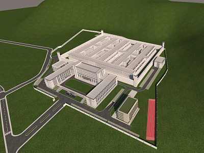 Modern Office Building Complex With Green Landscaped Surroundings And Connected Structures 3d model