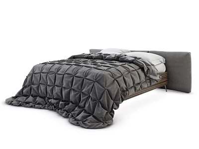 Modern Double Bed With Grey Padded Quilt White Pillows Grey Head Cushion And Wooden Frame 3d model