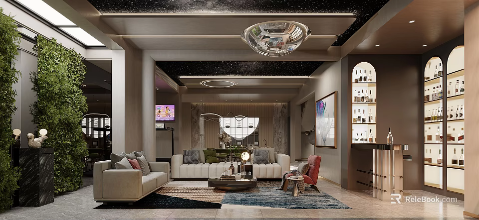 Elegant Living and Dining Room Interior With Beige Sofa Coffee Table Crystal Chandelier And Rug 3d model 