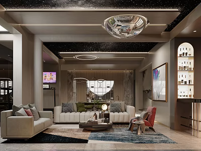 Elegant Living and Dining Room Interior With Beige Sofa Coffee Table Crystal Chandelier And Rug 3d model