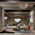 Elegant Living and Dining Room Interior With Beige Sofa Coffee Table Crystal Chandelier And Rug