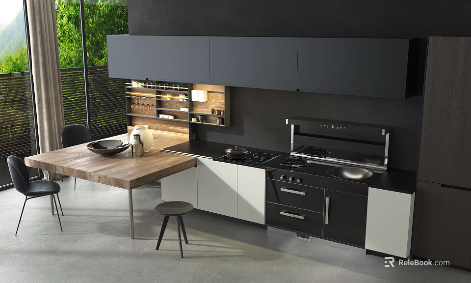 Modern Open Kitchen Interior Design With Stylish Cabinets And Island Countertop 3d model 