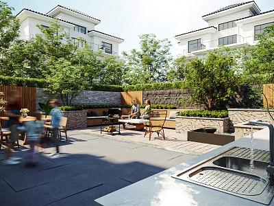Modern Garden Landscape With Villas Green Plants Outdoor Seating Stone Pavement And Courtyard Area 3d model