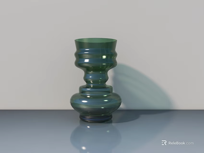 Green Layered Glass Vase with Fresh Flowers on Smooth Gray Tabletop and Light Wall 3d model 