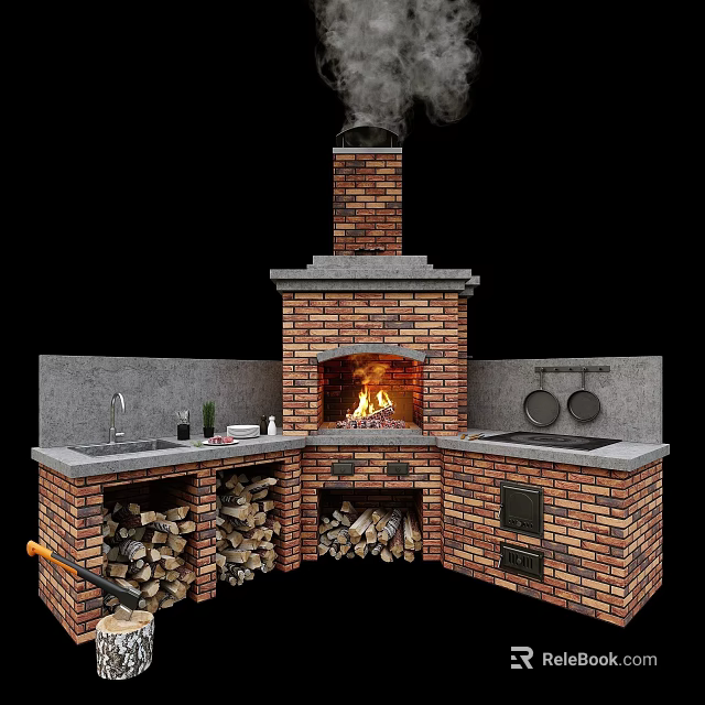 Rustic Brick Outdoor Kitchen With Fireplace Sink And Stacked Firewood 3d model 